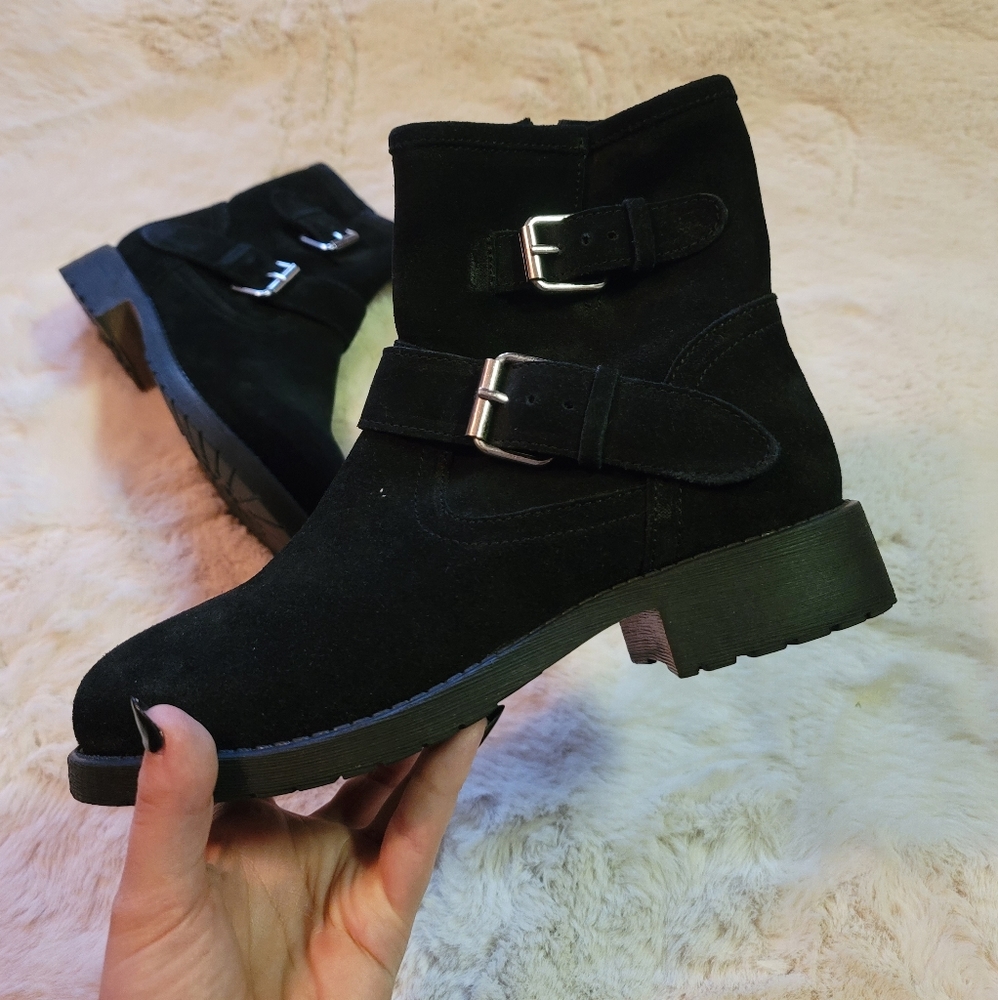 Steve madden alick black leather suede motorcycle boots sz 7 - Picture 2 of 9